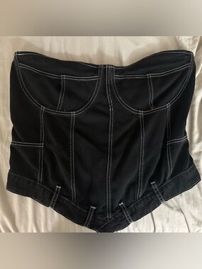 Fashion Nova Dark Denim Bustier Corset Top with White Stitching - High Stretch